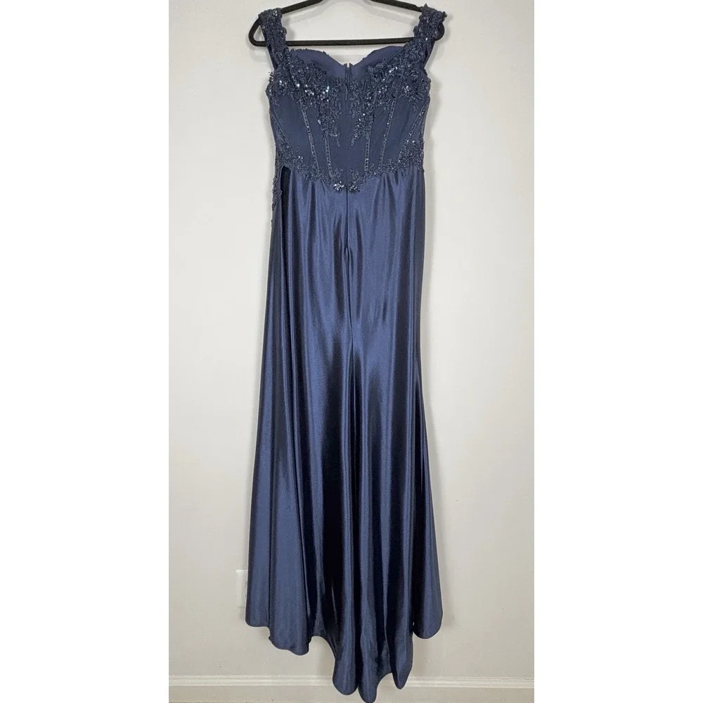Stacey's Navy Satin Blue Beaded Off The Shoulder Prom Dress W/ Dramatic Slit Med